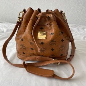 MCM Cognac Visetos Leather Drawstring Crossbody